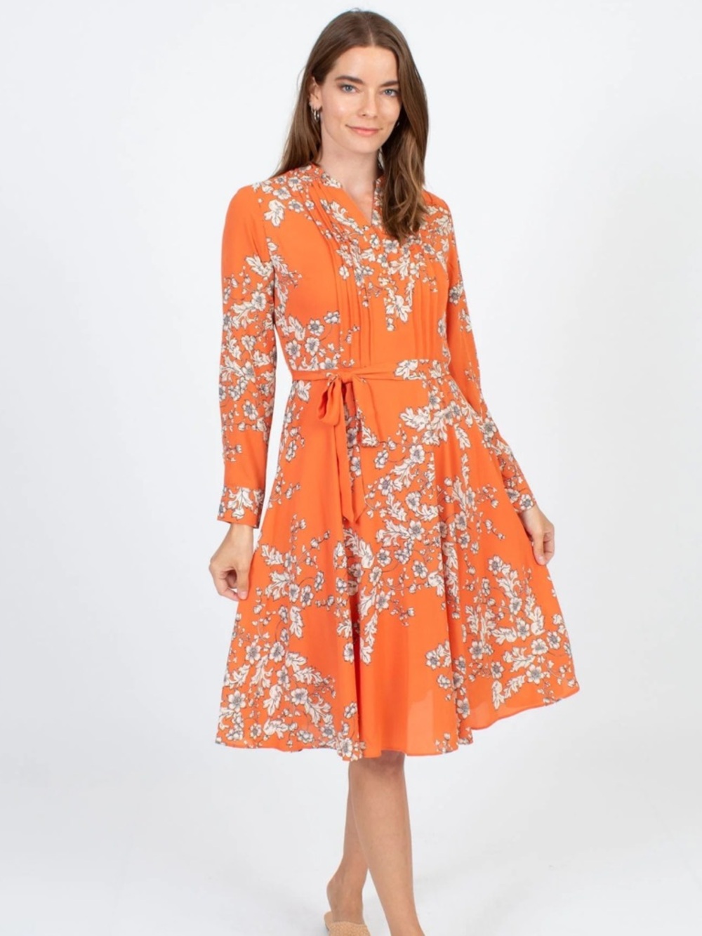 🌴Nanette Lepore Orange Floral Long Sleeve Tie-Waist Midi Dress